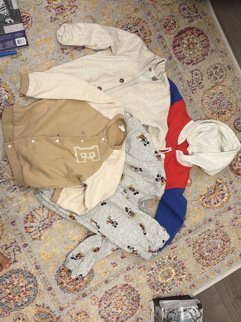 Kids Colorblock Hooded Jacket in Red, Blue & White, sweat set and 2 cardigans